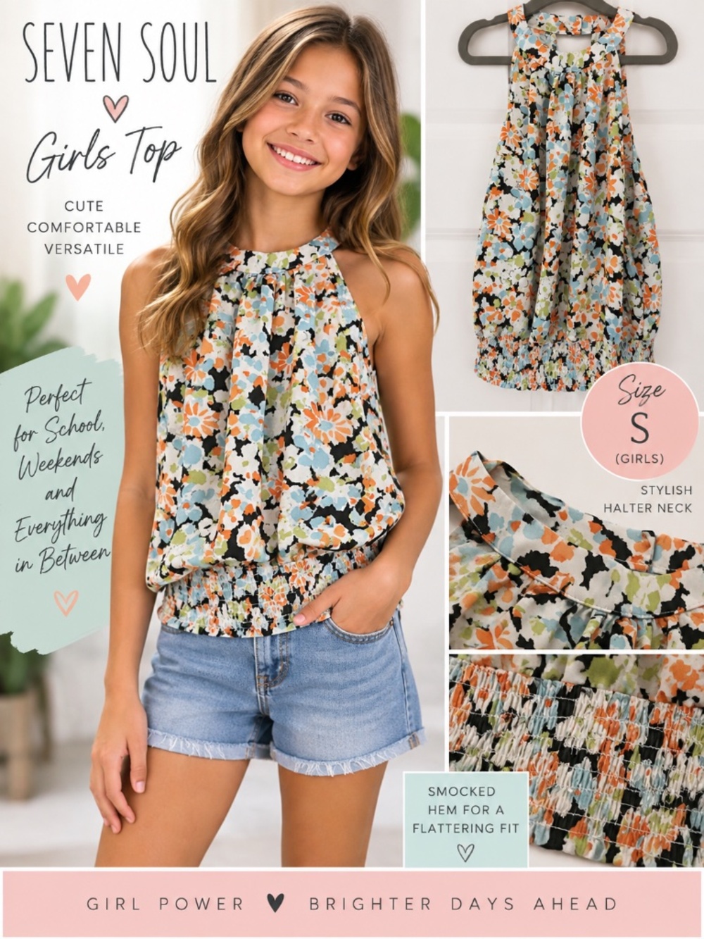 Seven Soul Girls Floral Halter Top Size S Smocked Hem